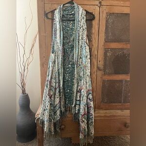 RAJ -Bohemian Floral Fringe Vest in Teal and Ivory